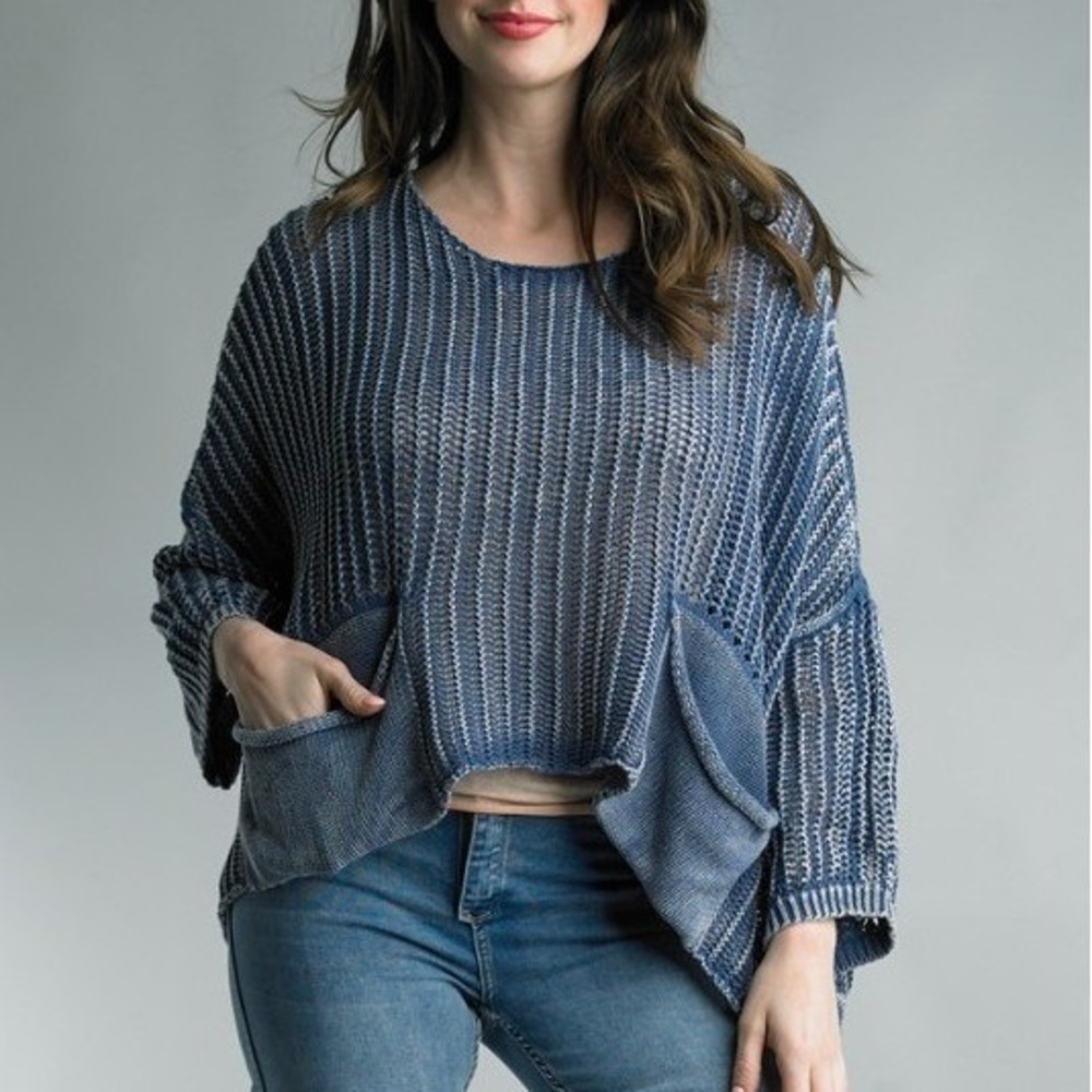 Tempo Paris Denim Blue Gray Cotton Oversize Chunky Knit Crop Sweater One Size